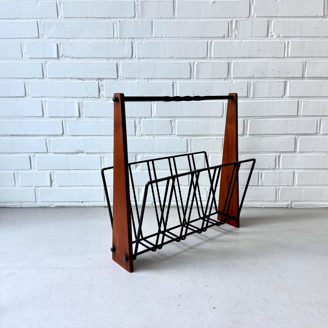 Vintage Magazine Rack Teak and Metal, Mid Century Newspaper Rack String ...