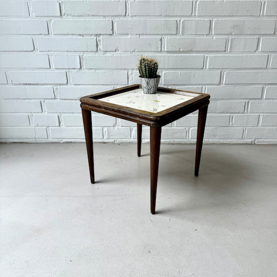 Vintage Beistelltisch Keramik, Blumenhocker Ilse Möbel, Mid Century Blumenbank Holz