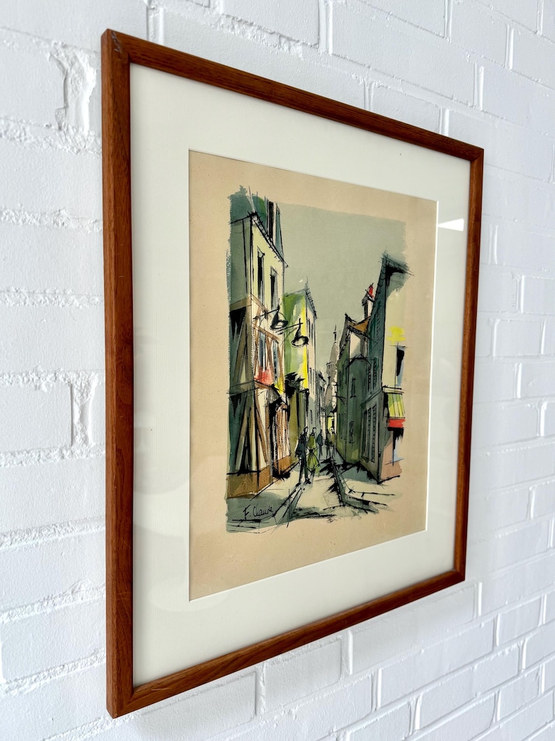 Mid Century Watercolor F. Claude Paris, Vintage Painting Street Scene