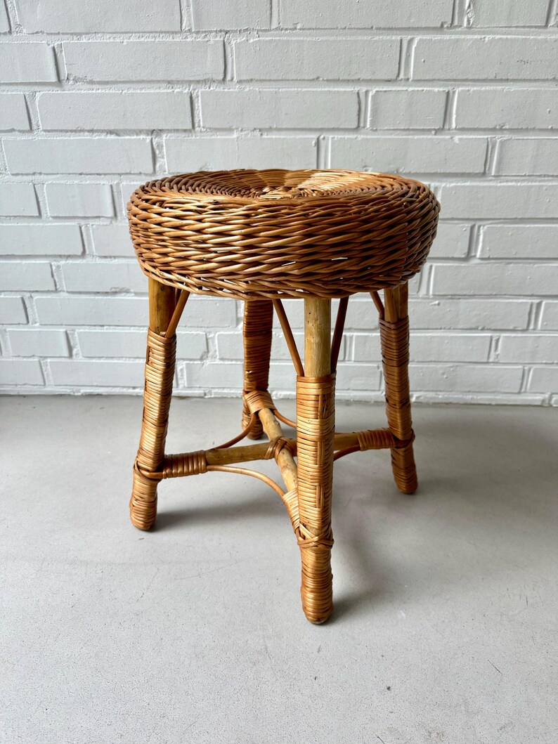 Vintage Wicker Stool, Mid Century Rattan Stool, Boho Side Table Etsy