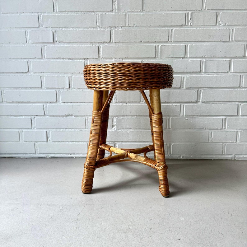 Vintage Wicker Stool, Mid Century Rattan Stool, Boho Side Table Etsy