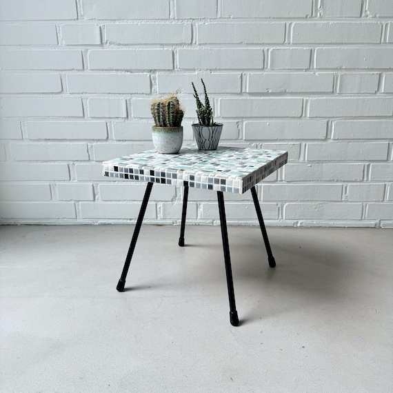 Vintage Beistelltisch Mosaik Fliesen, Vintage Blumenhocker Keramik, Mid Century Mosaiktisch