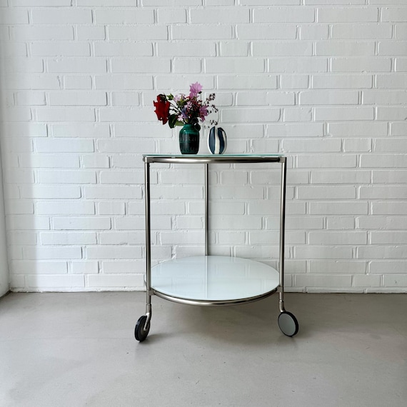 Ikea Strind サイドテーブル　oldikea 90s Vintage Ikea STRIND White Glass & Metal Rolling Side Table