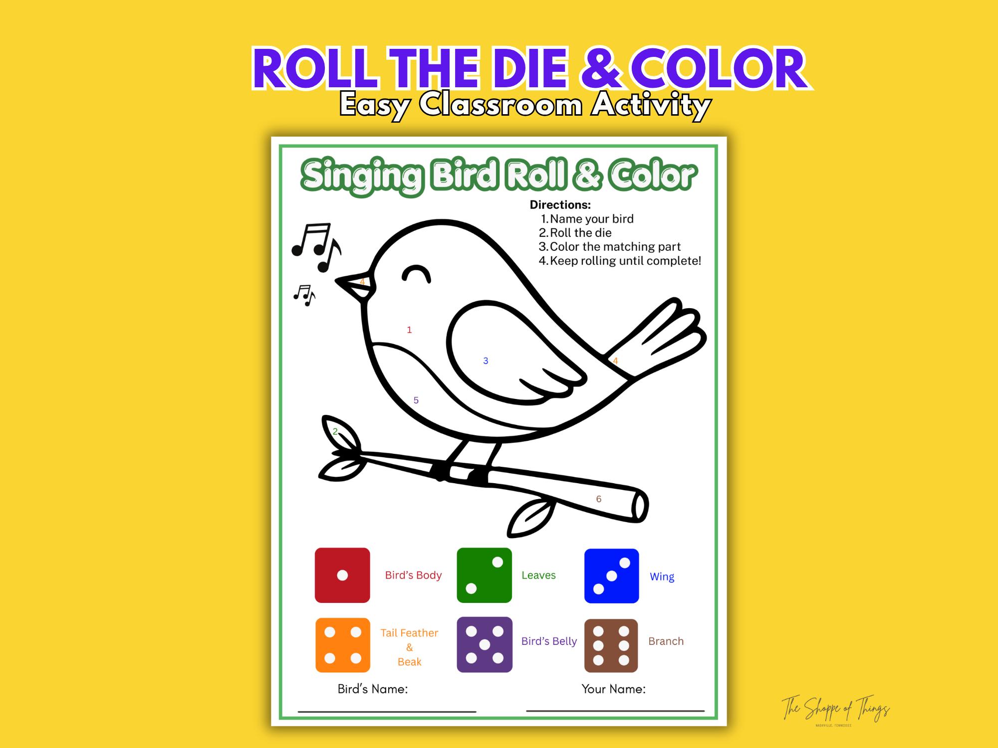 Singing Bird Roll & Color Game, Spring Classroom Activity (PDF) - Etsy