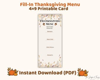 Fill-In Your Own Thanksgiving Menu Card – Printable 4×9 Meal Menu Template – Instant Download