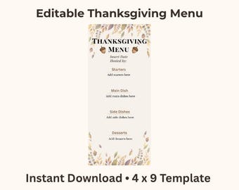 Editable Thanksgiving Menu Template, Watercolor Leaves (PDF)