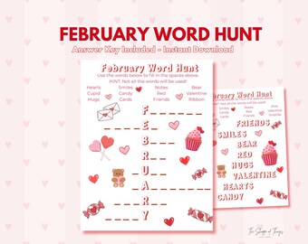 Afdrukbare woordenjacht februari | Woordpuzzel Valentijnsdag | Klaslokaal en feestactiviteit | Direct downloaden