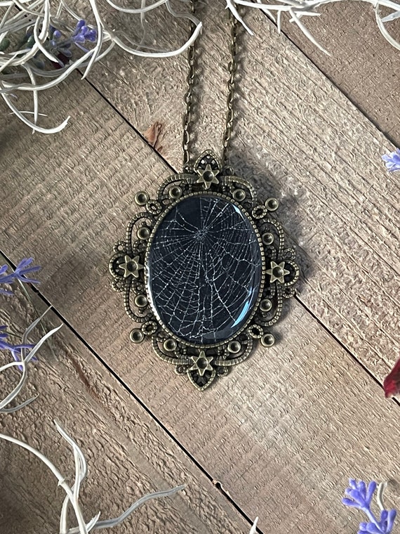 Spider Web Necklace, SpiderWeb Pendant, Gothic Jewelry, Gothic Necklace, Spider Taxidermy, Black Necklace, Witchy