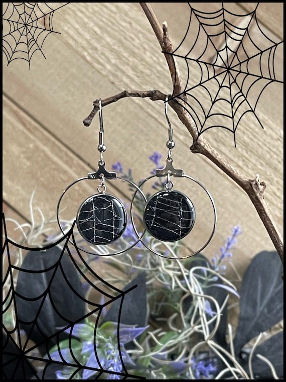 Spiderweb Earrings, Halloween Gothic Earrings Jewelry, Earrings from Nature Hoops, Dangle Earrings, Black Earrings Cobwebs