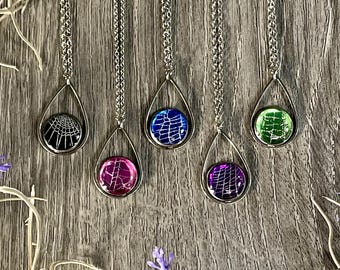Teardrop Spiderweb Pendant Necklace: Real Web, Stainless Steel Chain