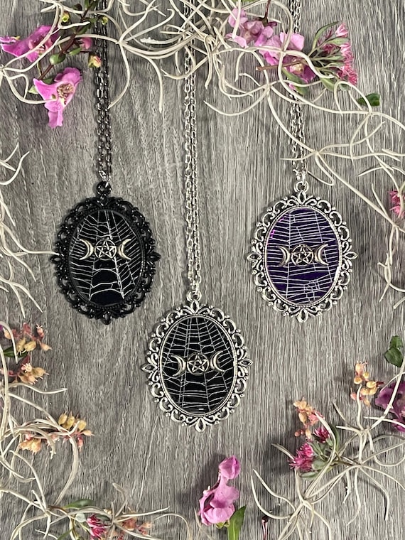 Spiderweb Necklace, Cobweb Pendant, Victorian Necklace, Gothic Pendant Halloween Pentagram