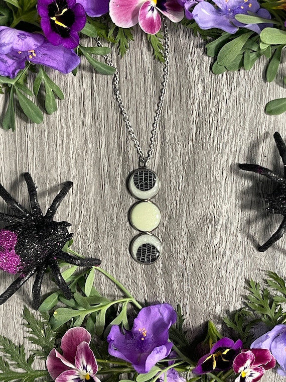 Triple Moon Necklace, Spiderweb Jewelry, Real Cobweb Witch Moon Jewelry, Gothic Jewelry Glows in the Dark