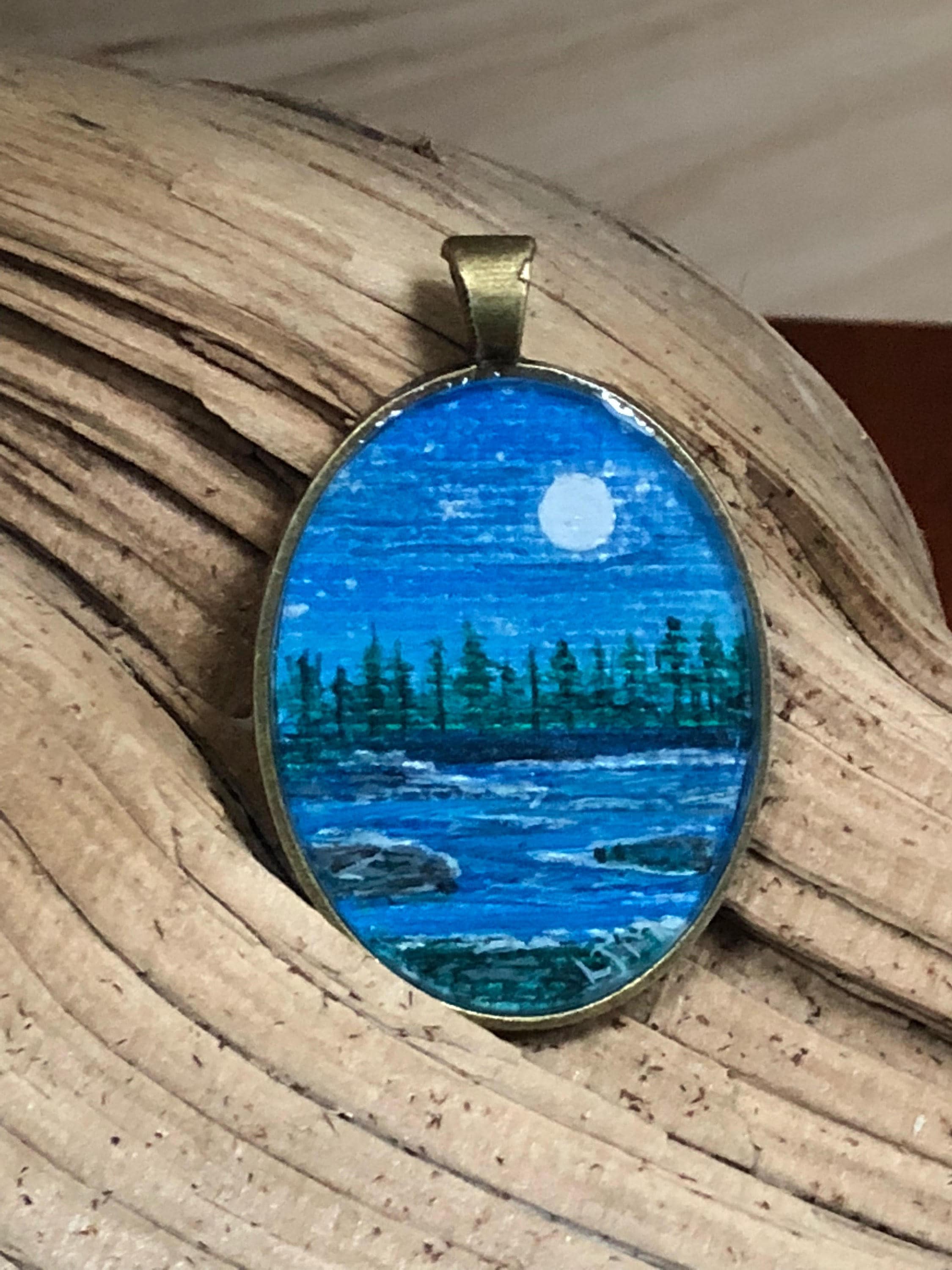 Lake Necklace, Hand Painted Pendant, Bronze Oval Pendant, Country Girl