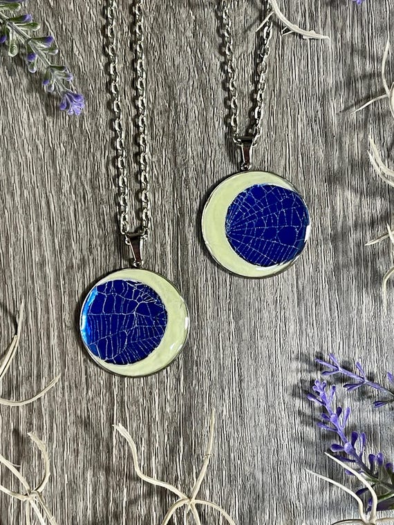 Spiderweb  Blue Pendant Necklace Glow in the Dark Crescent Moon Cobweb Pendant Crescent Moon Necklace Preserved Spiderweb Blue Moon