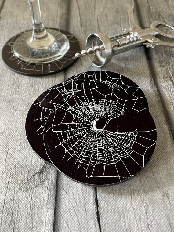Coasters, Spider Web Coasters, Spider Web, Unique Coasters, Gothic Home Decor, Crescent moon, Halloween Decor, Gothic, Moon Witch
