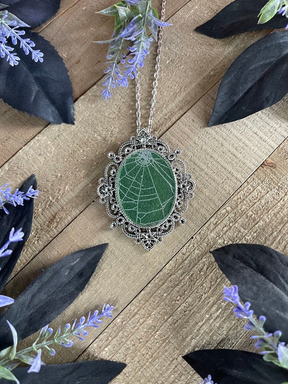 Spiderweb Necklace, Cobweb Pendant, Gothic Necklace,  Green Witch, Real Spider Web Halloween Jewelry