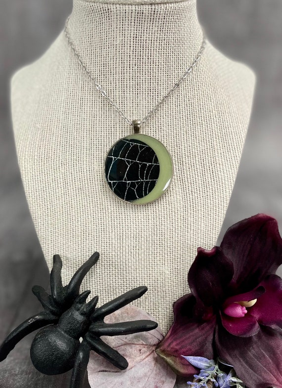 Glow in the Dark,Spider Web Necklace, Spider Web Pendant, Spider Web Jewelry, Moon Jewelry, Crescent Moon Necklace, Real Spider Web