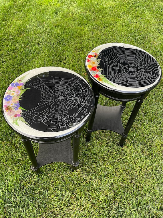 Dark Decor Crescent Moon  Gothic Furniture Gothic Table, Witch Decor, Accent Table, Preserved Spiderweb Halloween Flowers
