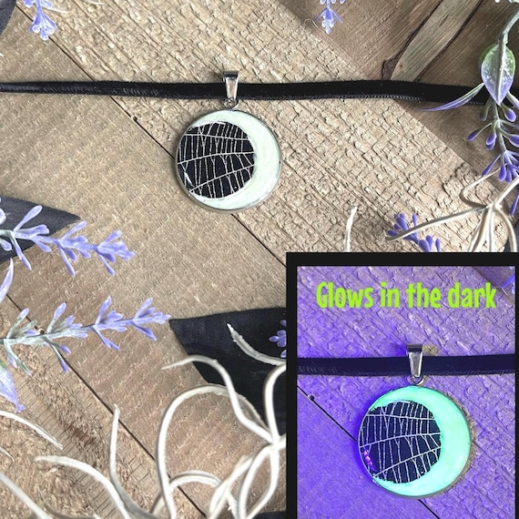 Spiderweb Necklace, Glow in the Dark Cobweb Pendant Spider Web Crescent Moon New Moon Cobwebs Halloween Jewelry
