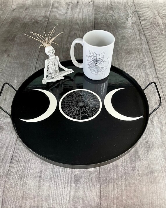 Round Tray, Serving Tray, Triple Moon Design, Gothic Tray, Metal Tray