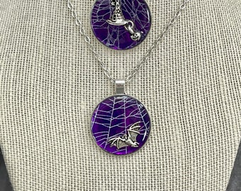 Spiderweb Necklace, Cobwebs Pendant, Purple statement piece Bat Jewelry,  Halloween, Gothic