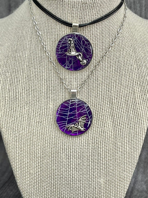Spiderweb Necklace, Cobwebs Pendant, Purple statement piece Bat Jewelry,  Halloween, Gothic