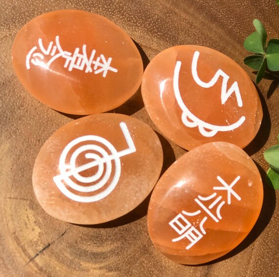 Reiki Symbols Engraved Onto Orange Selenite Palm Stones, Cho Ku