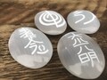 Reiki Symbol Selenite Palm Stones, Engraved Healing Crystals