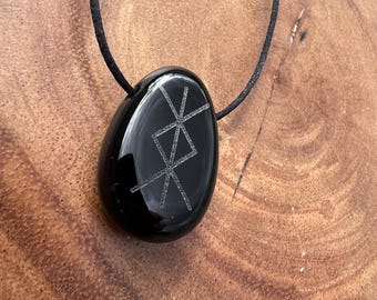 Protection Rune engraved on a Black Obsidian Necklace/ pendant.
