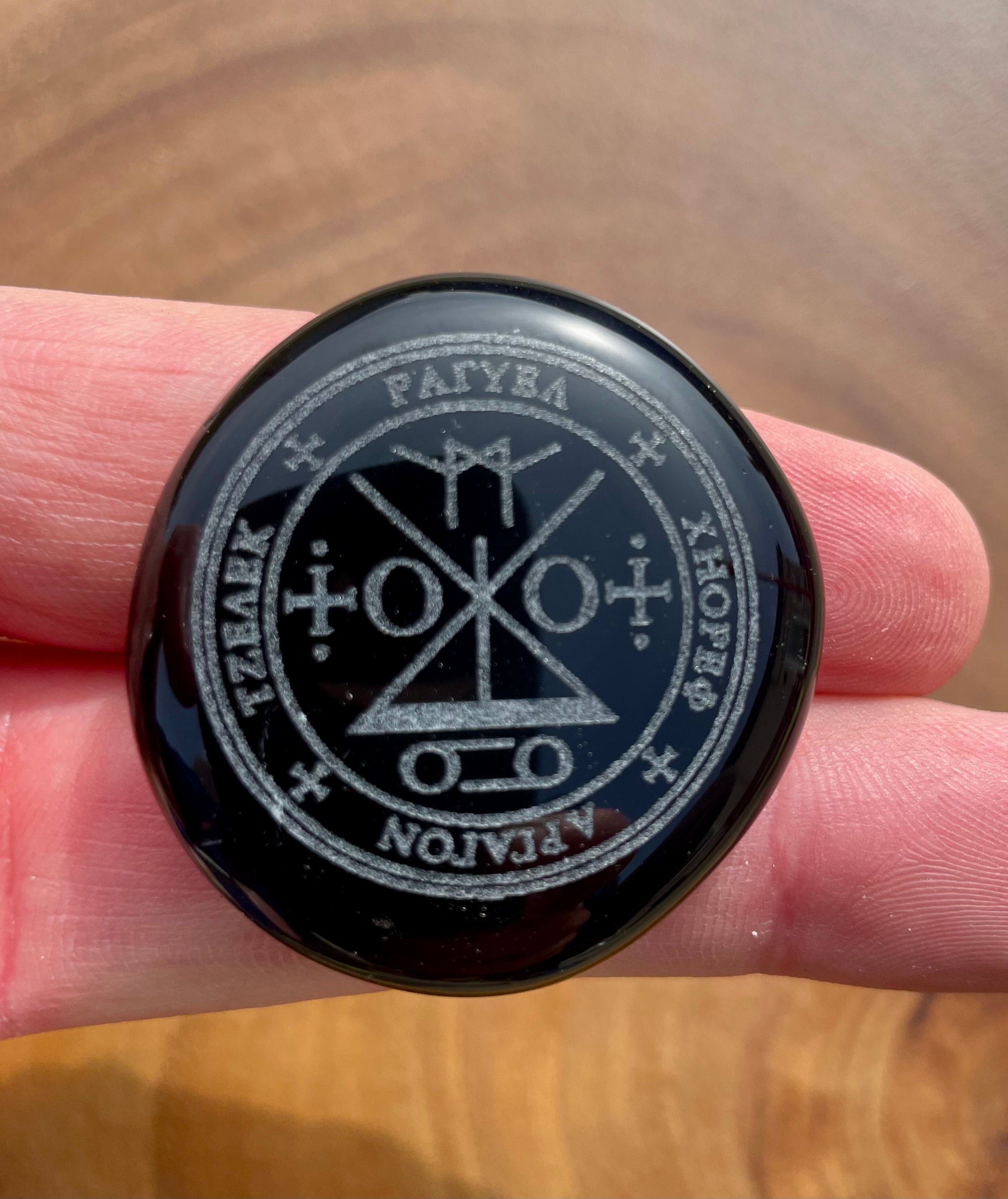 Archangel Raziel Sigil Engraved Black Obsidian Palm Stone , Angel
