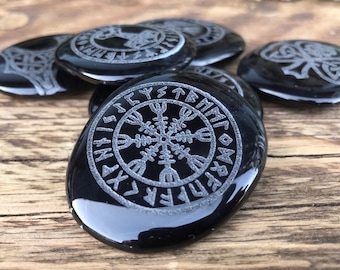 Helm of Awe runic Viking symbol engraved on a Black Obsidian Palm.