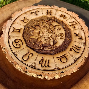 Ruota dello Zodiaco, Segni Stellari, Astrologia, Astrologica, incisa su grandi tarocchi a fette di tronchi, wicca, altare, arte murale
