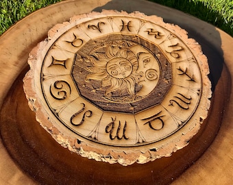 Engraved Zodiac Wheel, Natural Log Slice, Wicca Altar Decor