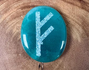 Wealth, abundance, prosperity, financial support Bind Rune engraved on a Black Obsidian or Green adventurine Palm Stone