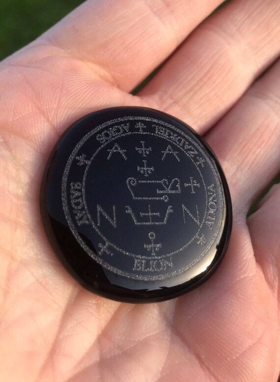 Archangel Zadkiel Sigil Engraved Black Obsidian Palm Stone