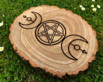 Oval Wood Slice Triple Moon Pentagram Altar piece - Crystal Grid - Pagan Altar Luna Love Lunar Phase - log slice