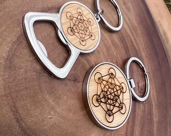 Sacred Geometry Bottle Opener Keyring, Metatron Cube Keychain, Spiritual Barware Gift ,Functional Sacred Geometry Keychain, Boho Gift