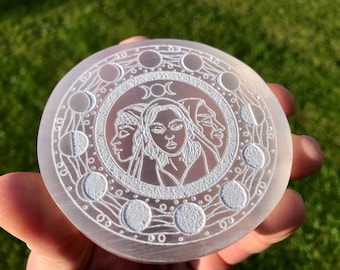 Hecate (Hekate) & moon phase engraved on to selenite , Hekate goddess , crystal charging