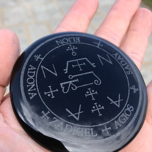 Archangel Zadkiel Sigil Engraved Black Obsidian Palm Stone, freedom, benevolence, mercy