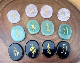 Crystal Reiki Stone Set, Black Obsidian, Rose Quartz and Green Aventurine, Healing Crystals Set for Meditation, Grounding, Love & Abundance