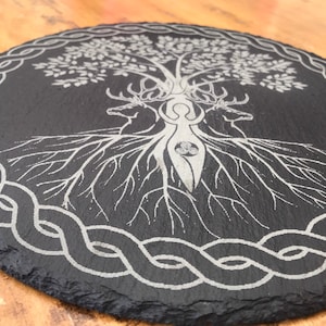 Altar or Crystal Grid natural slate, Tree of Life, Spiral Goddess, altar, Stag, wiccan, coaster