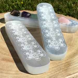 Grooved Oval End Pure Selenite Metatron’s Cube crystal grooved charging plate, Sacred Geometry, Selenite crystal grid, wand.