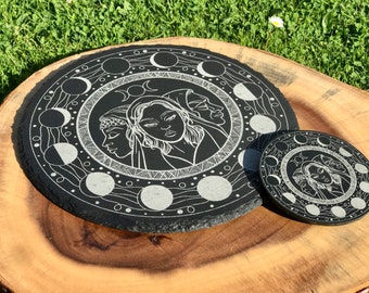 Hecate (Hekate) & moon phase engraved on to natural slate, Hekate goddess