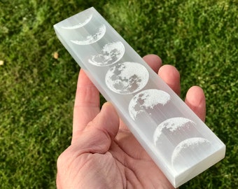 Pure Selenite Moon phases Altarpiece Wand Altar Luna Love Lunar Phase Engraved Wand,  crystal charging plate