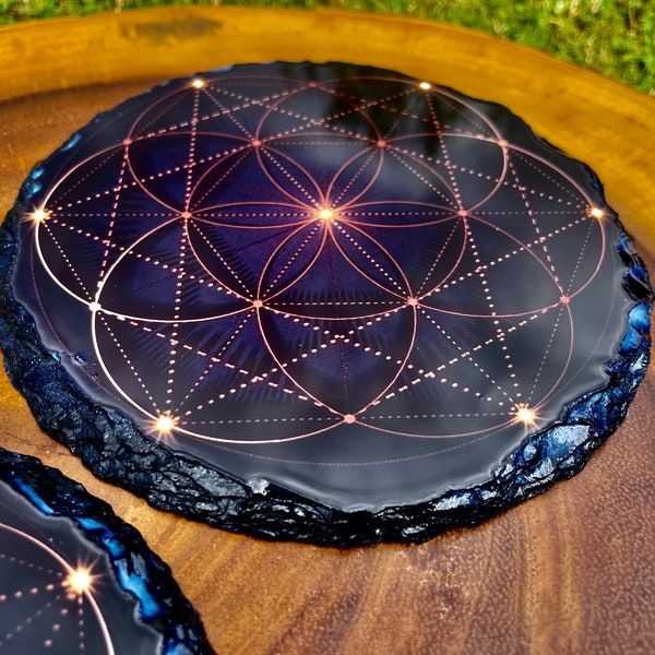 Combined Flower of Life and Seed of Life - Crystal Grid - Sacred Geometry - Slate - Gridding - Healing - elements - Fire