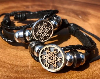 Real leather bracelet with wooden metatron cube insert, sacred geometry