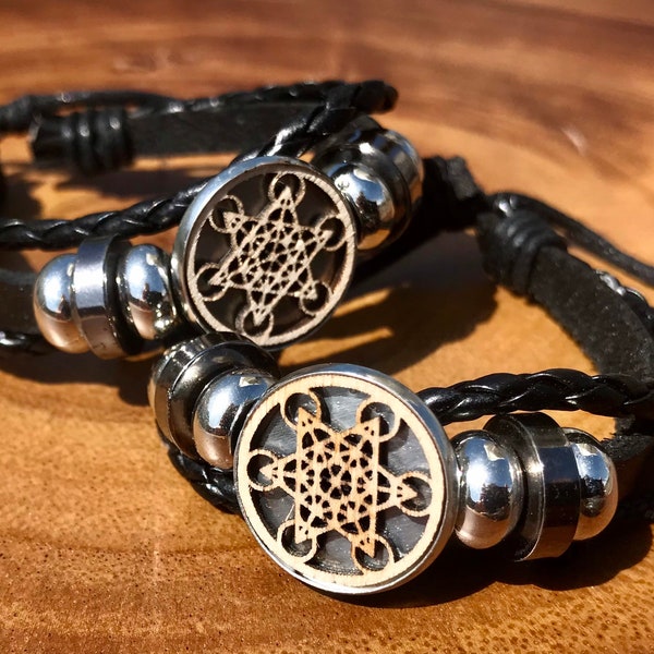 Real leather bracelet with wooden metatron cube insert, sacred geometry