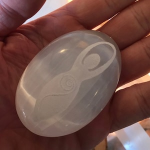 Engraved Selenite Crystal Palm Stone, Gaia, Mother Earth, Goddess, Greek mythology, Pagan