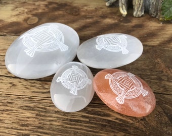 Pure Selenite Crystal Palm Stone engraved with Brigid's Cross. White/clear or Orange selenite
