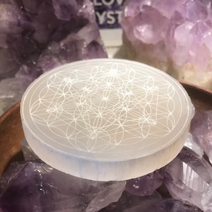 Flower of Life, Metatrons Cube combined Crystal charging plate, Sacred Geometry, Selenite crystal grid
